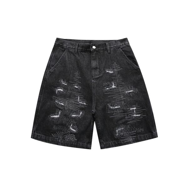 Men's Clothing Retro Street Washed Embroidery Hole Patch Loose High Street Denim Shorts Men_viptrois.com