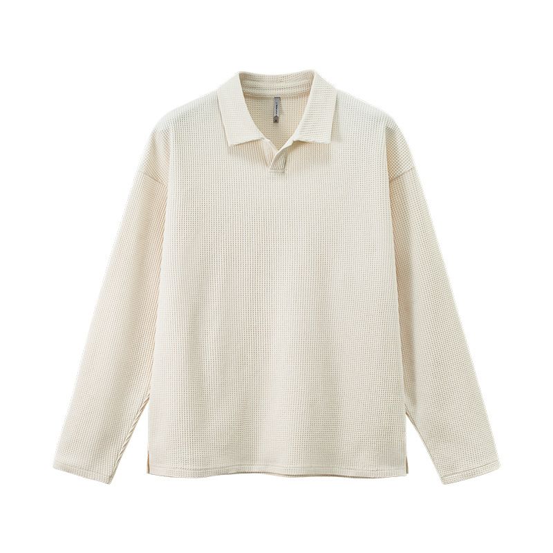 Men's Waffle-Knit Long Sleeve T-Shirt – Seagull Collar Streetwear, 100% Polyester, Relaxed Fit (Off-White/Moss Green/Black Coffee, M-XL)_viptrois.com