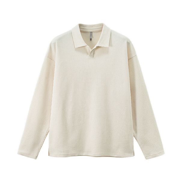 Men's Waffle-Knit Long Sleeve T-Shirt – Seagull Collar Streetwear, 100% Polyester, Relaxed Fit (Off-White/Moss Green/Black Coffee, M-XL)_viptrois.com