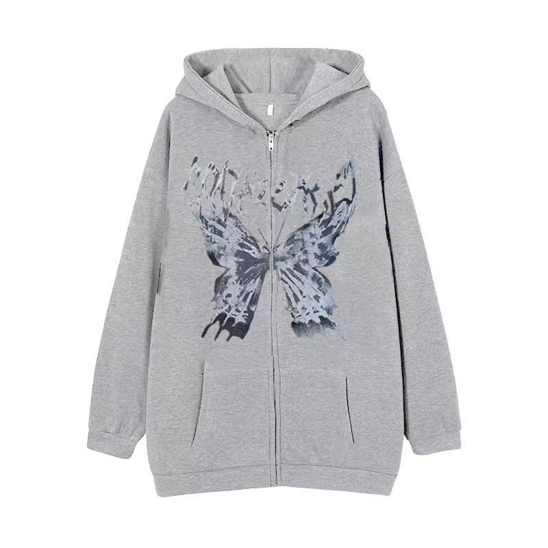 Gothic Unisex Hoodie With Skull & Butterfly Print – Oversized Zip-Up Streetwear Pullover For Men & Women_viptrois.com