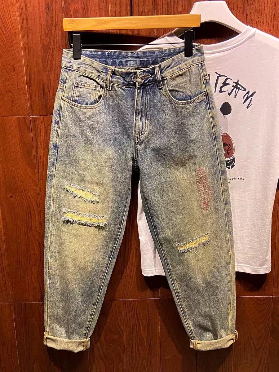 Men's Clothing Casual Jeans Trendy Nostalgic Retro Ripped Patch Seam Design Loose Tapered Harem Pants_viptrois.com
