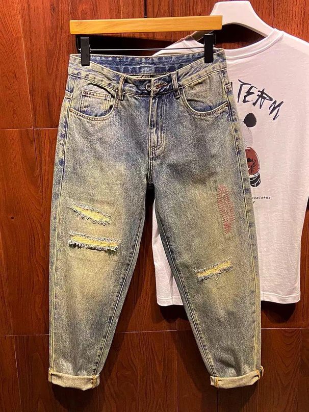 Men's Clothing Casual Jeans Trendy Nostalgic Retro Ripped Patch Seam Design Loose Tapered Harem Pants_viptrois.com