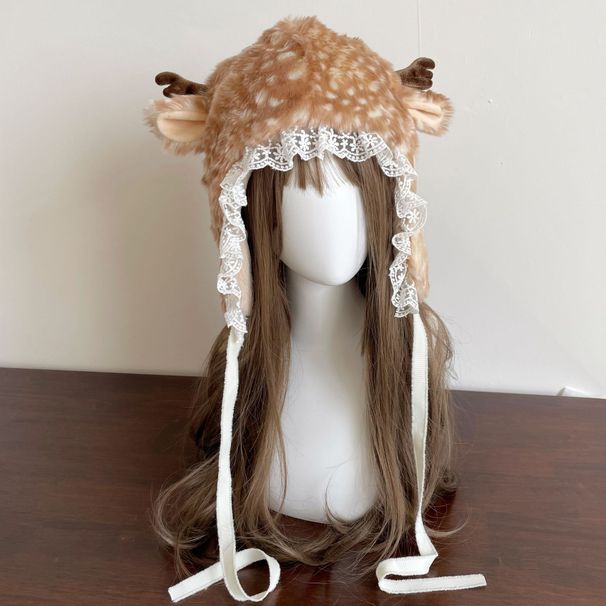 Forest Girl Dress Up Plush Simulation Cute Lace Deer Show Face Small Thick Warm Ear Protection Lei Feng Hat_viptrois.com