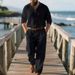 Men's Linen Casual Suit Set - Relaxed Fit Long Sleeve Polo & Trousers For Autumn (Light Blue, Black, White, Gray, Beige) - S-XXXL_viptrois.com