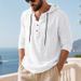 25 Autumn Loose Linen Men's Breathable Hooded Long Sleeve Beach Henley Base T-Shirt For Men_viptrois.com