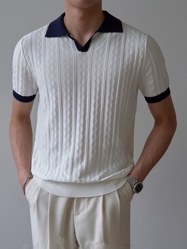 British Retro Jacquard Knit Polo Shirt - Men's V-Neck Business Casual Shirt With Elastic Slim Fit (Summer Collection)_viptrois.com