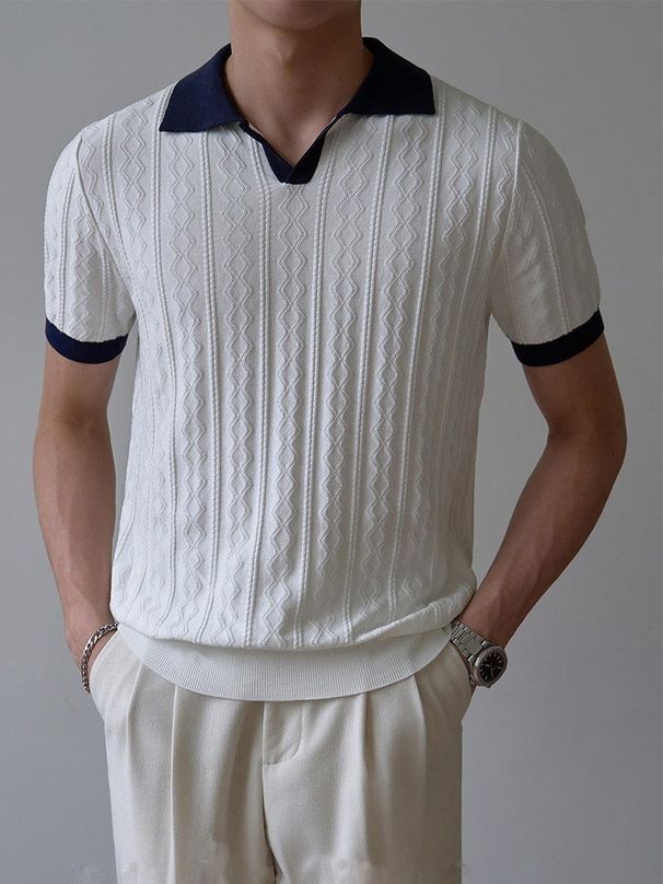 British Retro Jacquard Knit Polo Shirt - Men's V-Neck Business Casual Shirt With Elastic Slim Fit (Summer Collection)_viptrois.com