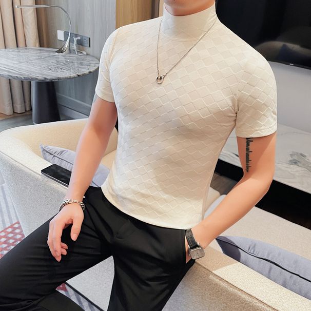 Summer New Men's Slim-fit Bottoming Shirt Korean Version Rhombus Plaid Semi-turtleneck T-shirt Elastic And Comfortable Thin T-shirt_viptrois.com