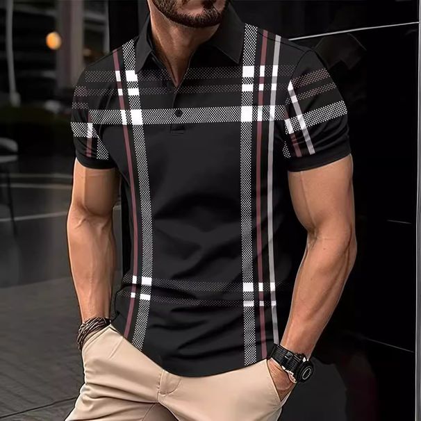 Business Men's Polo Shirt Casual Summer Short Sleeves Tops Plaid Pattern Print Button T Shirt Loose Clothes Fashion Golf Shirts_viptrois.com