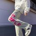 Washed Yellow Mud Embroidered Jeans American Hip-Hop Men's Trendy Brand Micro Flared Loose Straight Leg Pants_viptrois.com