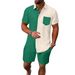 Men's Clothing Jacquard Color Matching Pocket Short Sleeved Shorts Lapel Shirt Casual Suit_viptrois.com