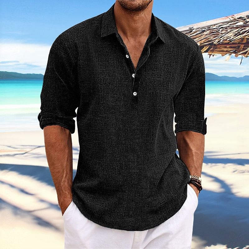 Men's Clothing Half Sleeved Shirt Summer Solid Color Lapel Business Casual Cotton Half Cardigan_viptrois.com