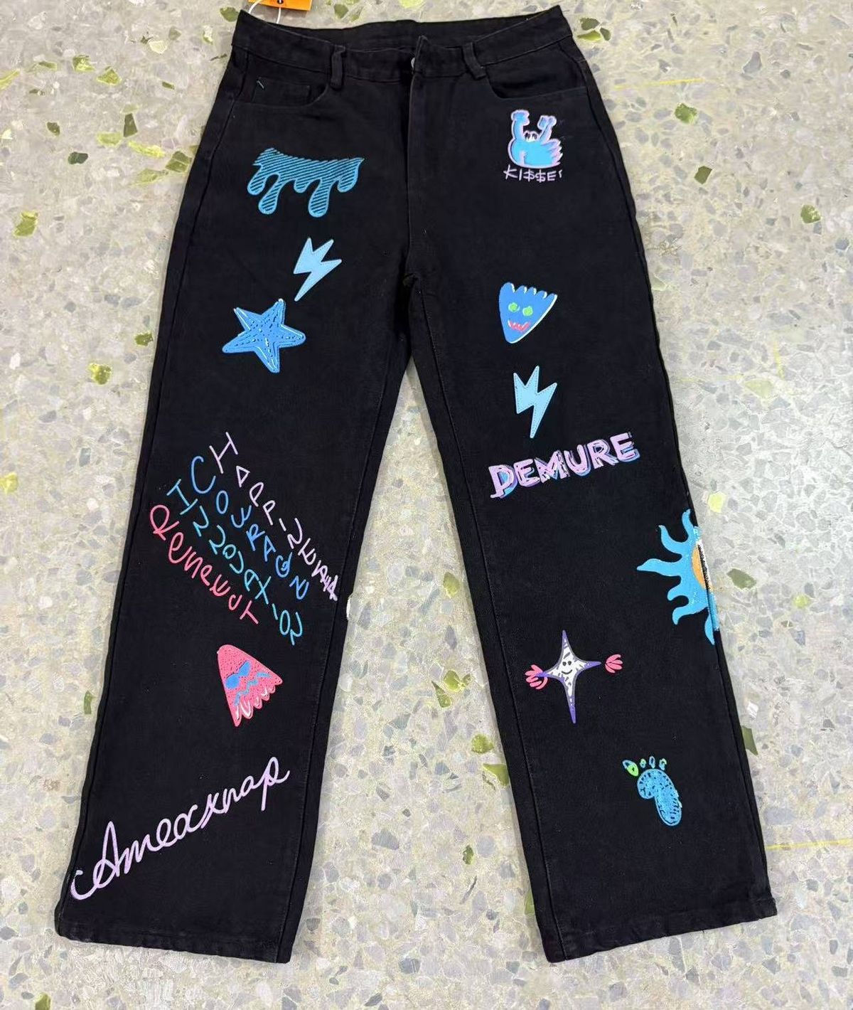 Men's Clothing Men's Jeans Street Style Black Graffiti Jeans, Loose Fit Straight Leg Casual Pants_viptrois.com