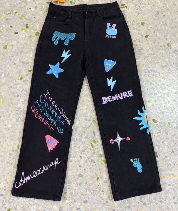 Men's Clothing Men's Jeans Street Style Black Graffiti Jeans, Loose Fit Straight Leg Casual Pants_viptrois.com