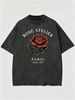 Vintage Washed T-Shirt, Men's Retro Red Rose Graphic, Aesthetic Romantic Style, Casual Loose Street Tee_viptrois.com