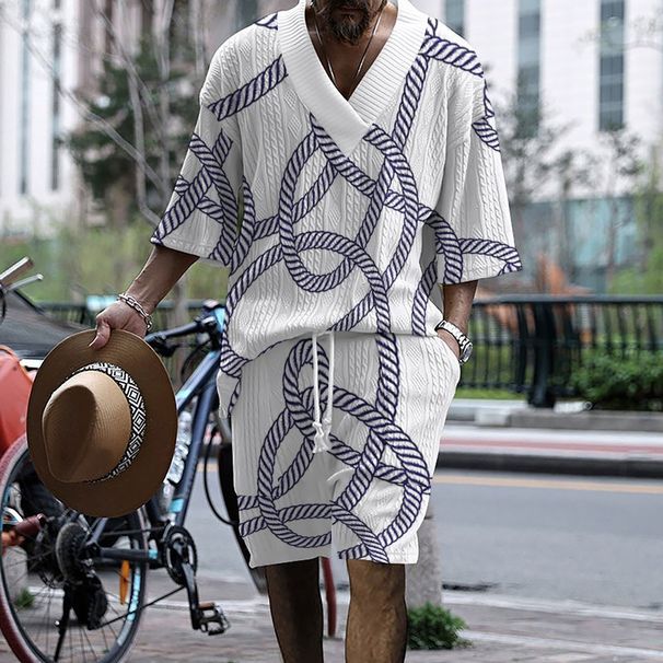 Flexible Technology Printed Casual Loose Seven-quarter Sleeve Jacquard Knitwear Top Shorts Men's Set_viptrois.com