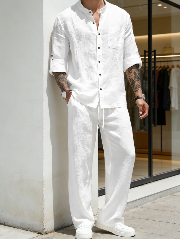 2026 Men's Fashion Shirt Long-Sleeved Retro Standing Collar Summer, Autumn, And Winter Linen Youth Long-Sleeved Pants Set_viptrois.com