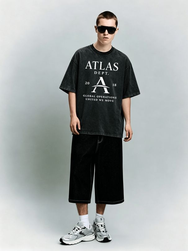 Vintage Washed "ATLAS DEPT" Letter Graphic Cotton T-Shirt Men's Casual Streetwear Tee_viptrois.com