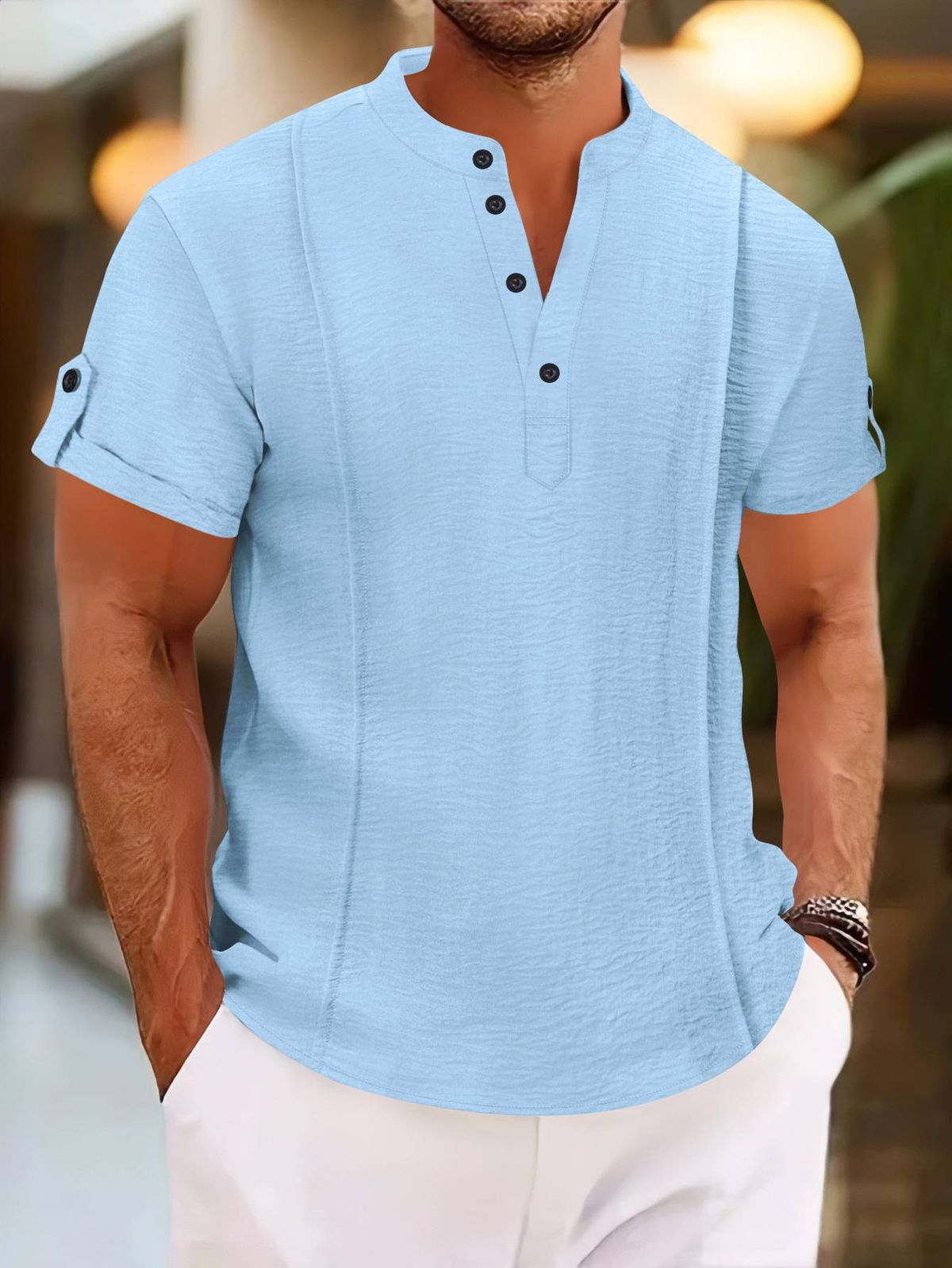 2025 Summer Polyester-cotton Men's Short-sleeved Button-pleated Solid Color V-neck Casual Style Henry Shirt_viptrois.com