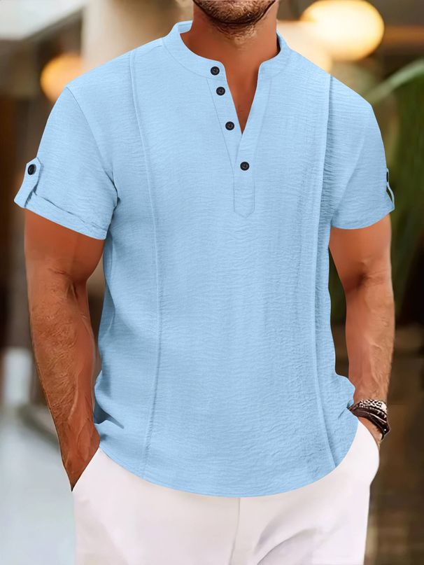 2025 Summer Polyester-cotton Men's Short-sleeved Button-pleated Solid Color V-neck Casual Style Henry Shirt_viptrois.com