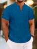 2025 Summer Polyester-cotton Men's Short-sleeved Button-pleated Solid Color V-neck Casual Style Henry Shirt_viptrois.com