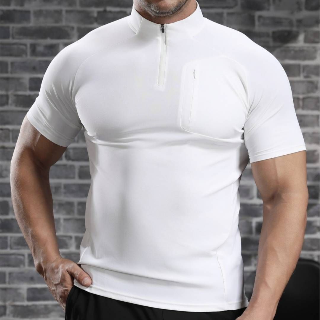 Stand Up Collar Outdoor Hiking Half Zipper Sports Top, Marathon Running Fitness Training Suit, Quick Drying Men's T-shirt_viptrois.com