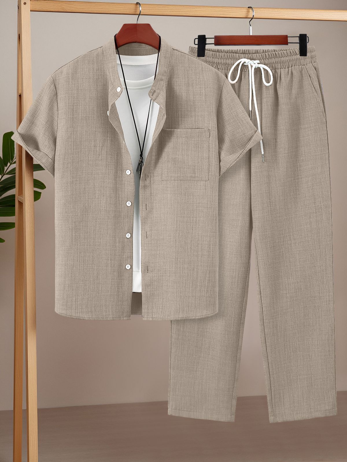 Men's Short Sleeve Stand Collar Shirt & Pants Set – Lightweight Polyester, Trendy Casual Outfit (S-Xxl, 7 Colors)_viptrois.com
