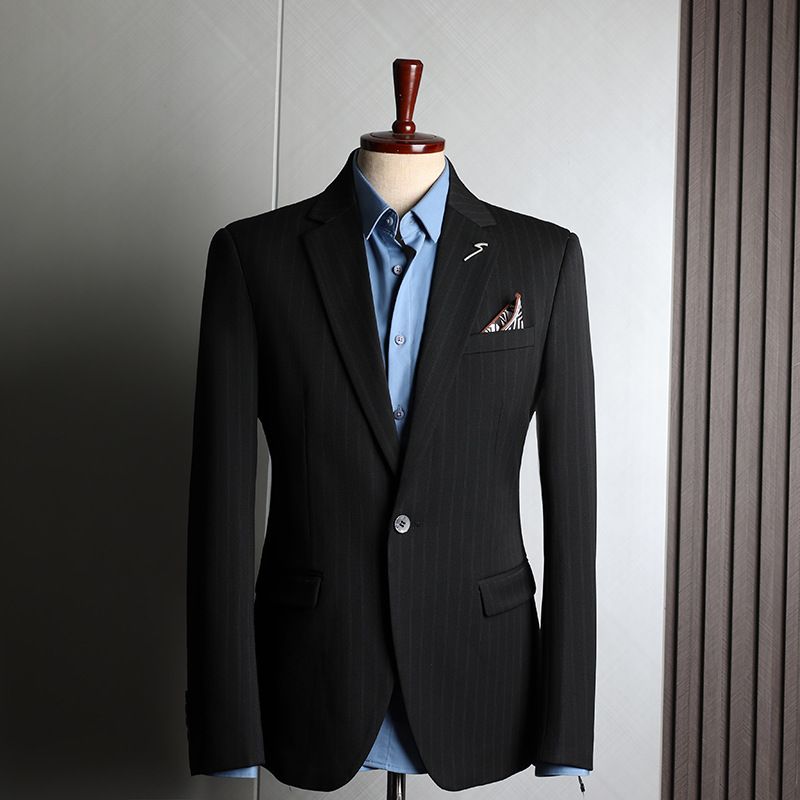 Men's Clothing Slim Fit Blue Stripe Suit Three-Piece Set, Formal Wedding Groom Tuxedo, Business Office Blazer & Pants, Korean Style Tailored Suit _viptrois.com