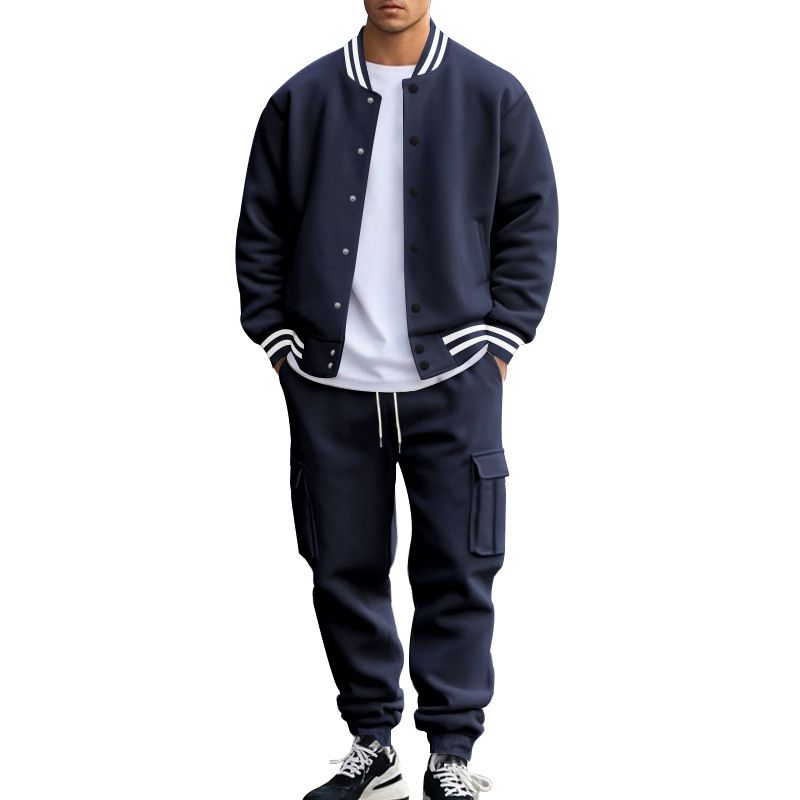 Men's Loose Sports Suit Autumn Winter American Style Stand Up Collar Velvet Casual Jacket Baseball Uniform Trousers_viptrois.com