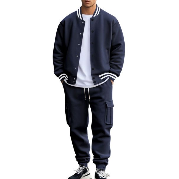 Men's Loose Sports Suit Autumn Winter American Style Stand Up Collar Velvet Casual Jacket Baseball Uniform Trousers_viptrois.com