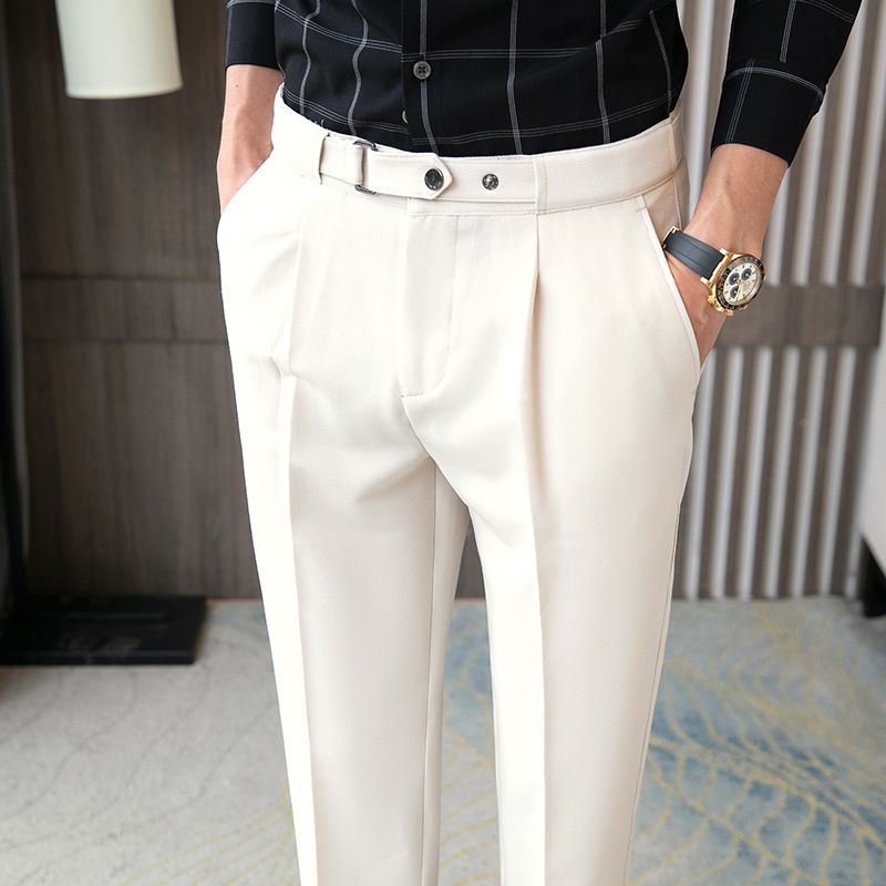 2022 Men's Casual Dress Pants Korean Style Slightly Elastic Slim Fit Cropped with Unique Waistband Drape like Style_viptrois.com