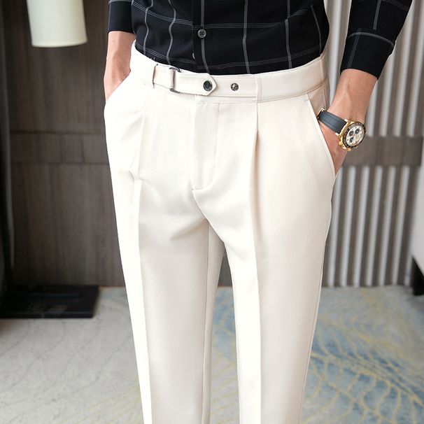 2022 Men's Casual Dress Pants Korean Style Slightly Elastic Slim Fit Cropped with Unique Waistband Drape like Style_viptrois.com