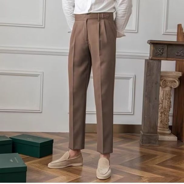 Neapolitan Men's High End Dress Trousers New Summer Style Paris Button Business Casual Premium Wrinkle Free_viptrois.com