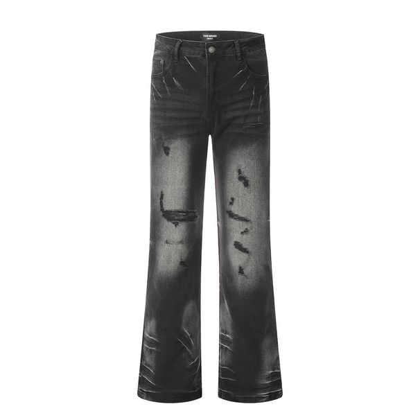 Color Block Spray Paint Distressed Loose Jeans Men's American High Street Trendy Vibe Destroyed Casual Flared Pants_viptrois.com