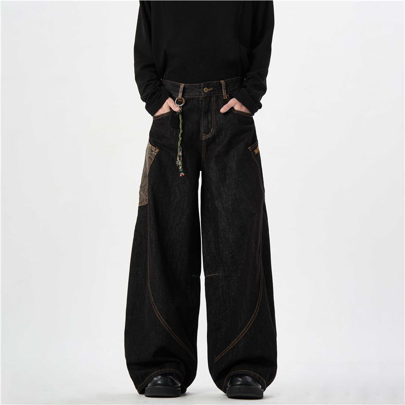 Men's Clothing American Retro Silhouette Black Scimitar Jeans Men Snakeskin Patchwork Pockets Loose Wide Leg Jeans_viptrois.com