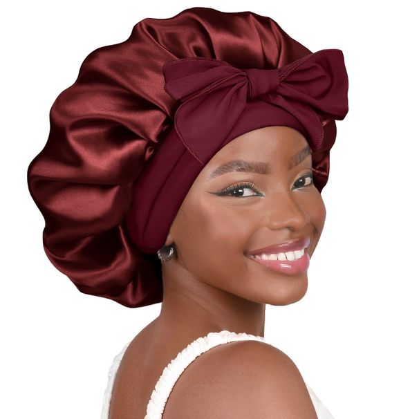 Satin Ribbon Bow Wide Brim Sleep Cap For Women – Soft Silk-Like Hair Protection In Multiple Colors_viptrois.com
