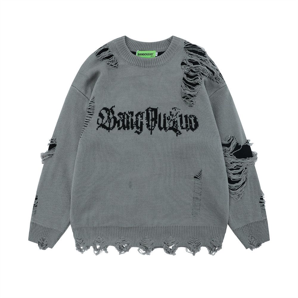Men's 2024 New Style Ripped Round Neck Sweater Loose Long Sleeve Casual Pullover Sweater Letter Sweater_viptrois.com