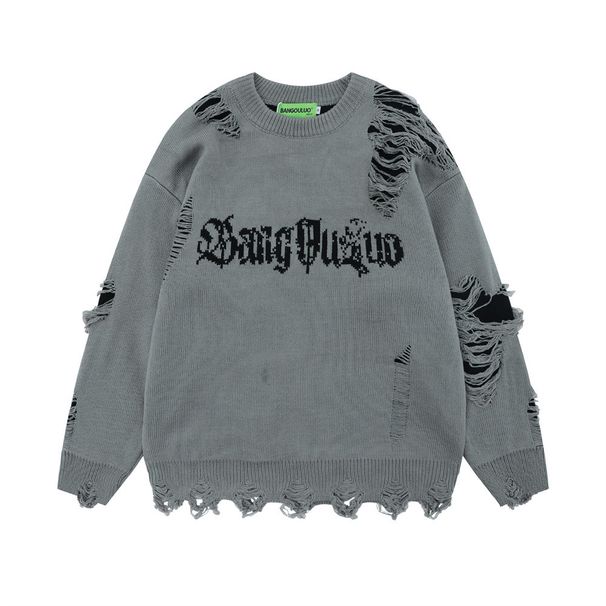 Men's 2024 New Style Ripped Round Neck Sweater Loose Long Sleeve Casual Pullover Sweater Letter Sweater_viptrois.com