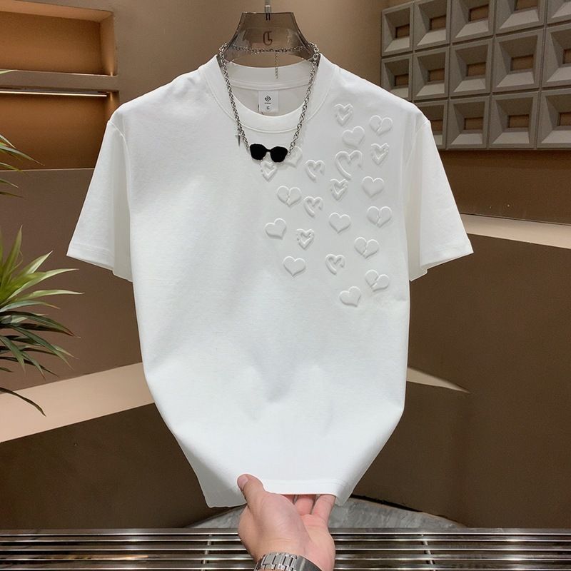 Three Dimensional Steel Print Love Round Neck Short Sleeved T Shirt Men's Summer Casual Slim Half Sleeved T Shirt_viptrois.com