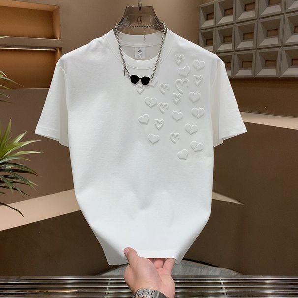 Three Dimensional Steel Print Love Round Neck Short Sleeved T Shirt Men's Summer Casual Slim Half Sleeved T Shirt_viptrois.com