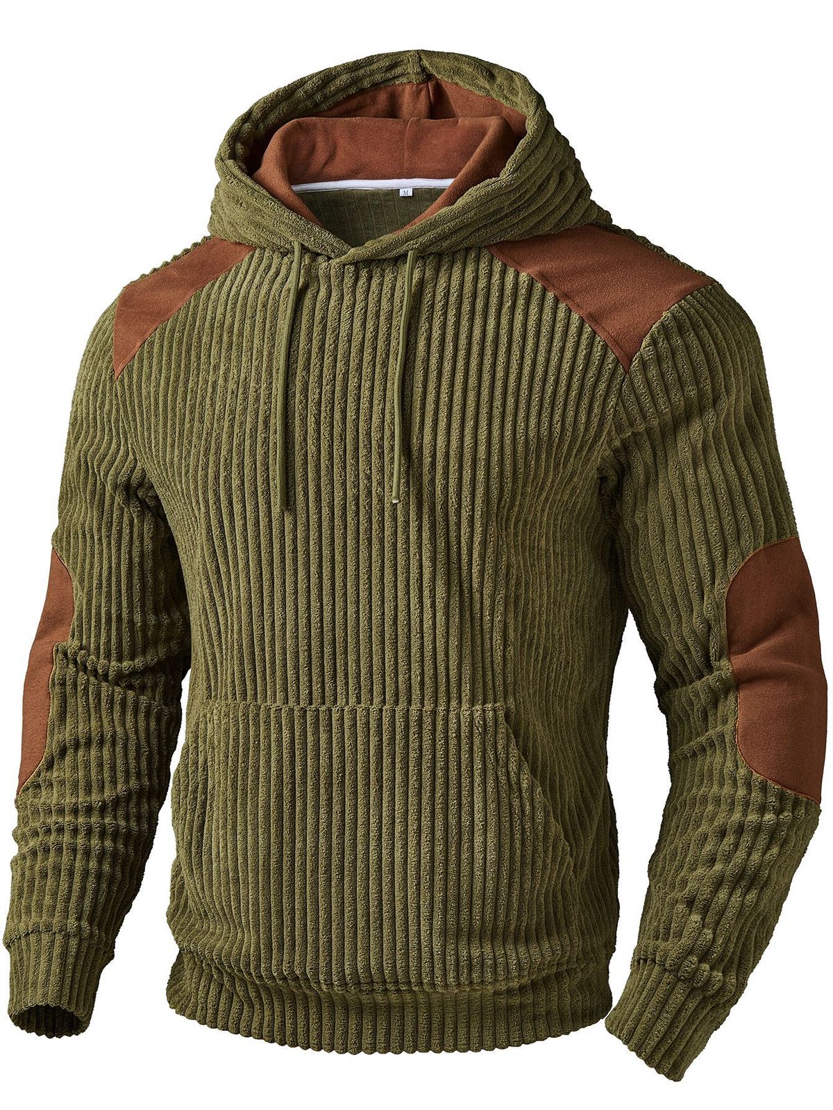 Pure Men's Fashion Casual Ribbed Army Green Patchwork Brown Design Elegant Hooded Sweatshirt Suitable_viptrois.com