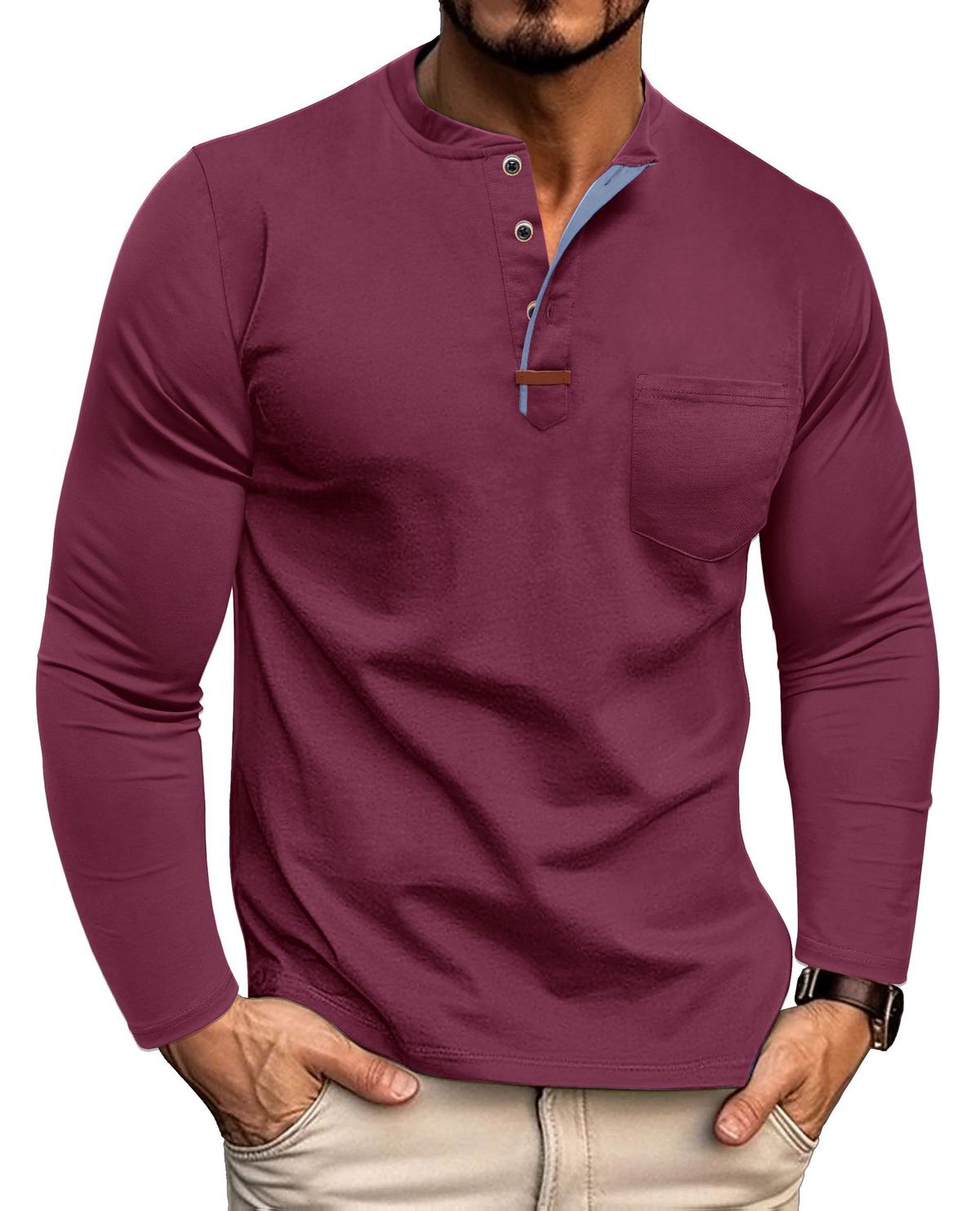 Men's Long Sleeve Henley T-Shirt - Breathable Cotton Blend, Casual Crew Neck Tee With Color Block Design For Everyday Wear_viptrois.com