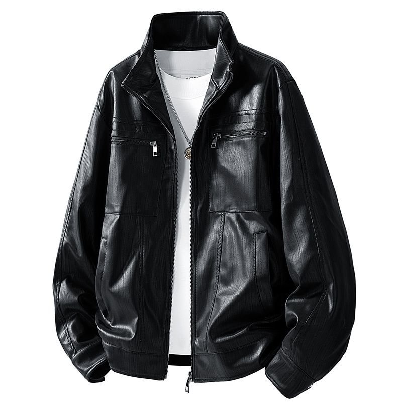 Men's Retro Harrington Jacket – Vintage PU Leather Bomber With Stand Collar (M-3XL, Relaxed Fit, Lightweight, Olive/Black/Tan)_viptrois.com