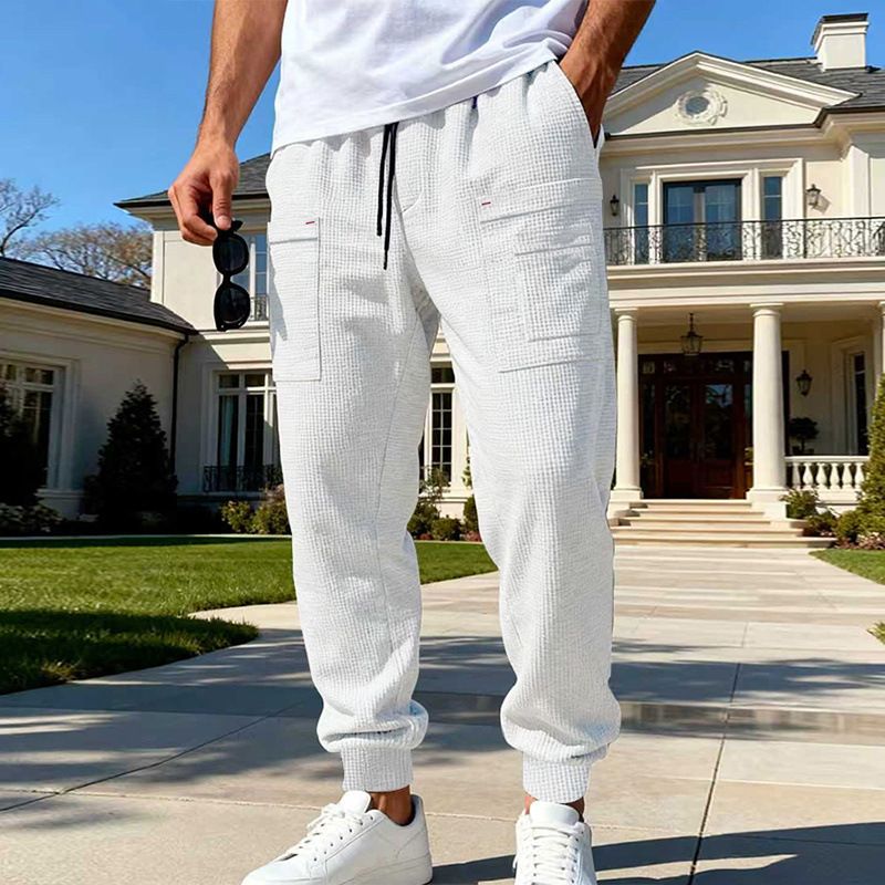 Men's Waffle-Knit Cargo Pants – Breathable Polyester Streetwear Joggers With Multi-Pockets (Black/Navy/Beige, S-Xxxl)_viptrois.com