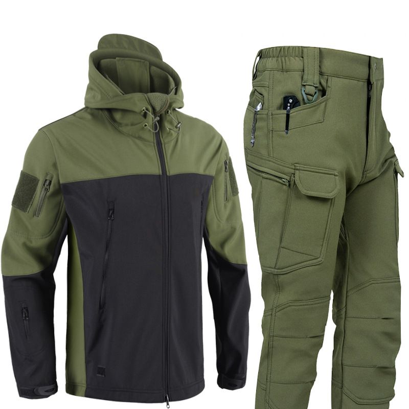 Patchwork Shark Skin Windbreaker Pants Set For Men With Fleece Lining And Waterproof Softshell Jacket Second Generation Outdoor Sport Wear_viptrois.com