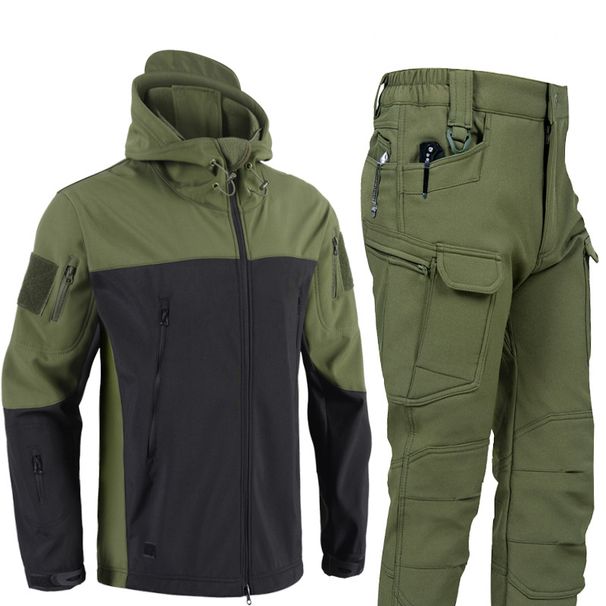 Patchwork Shark Skin Windbreaker Pants Set For Men With Fleece Lining And Waterproof Softshell Jacket Second Generation Outdoor Sport Wear_viptrois.com