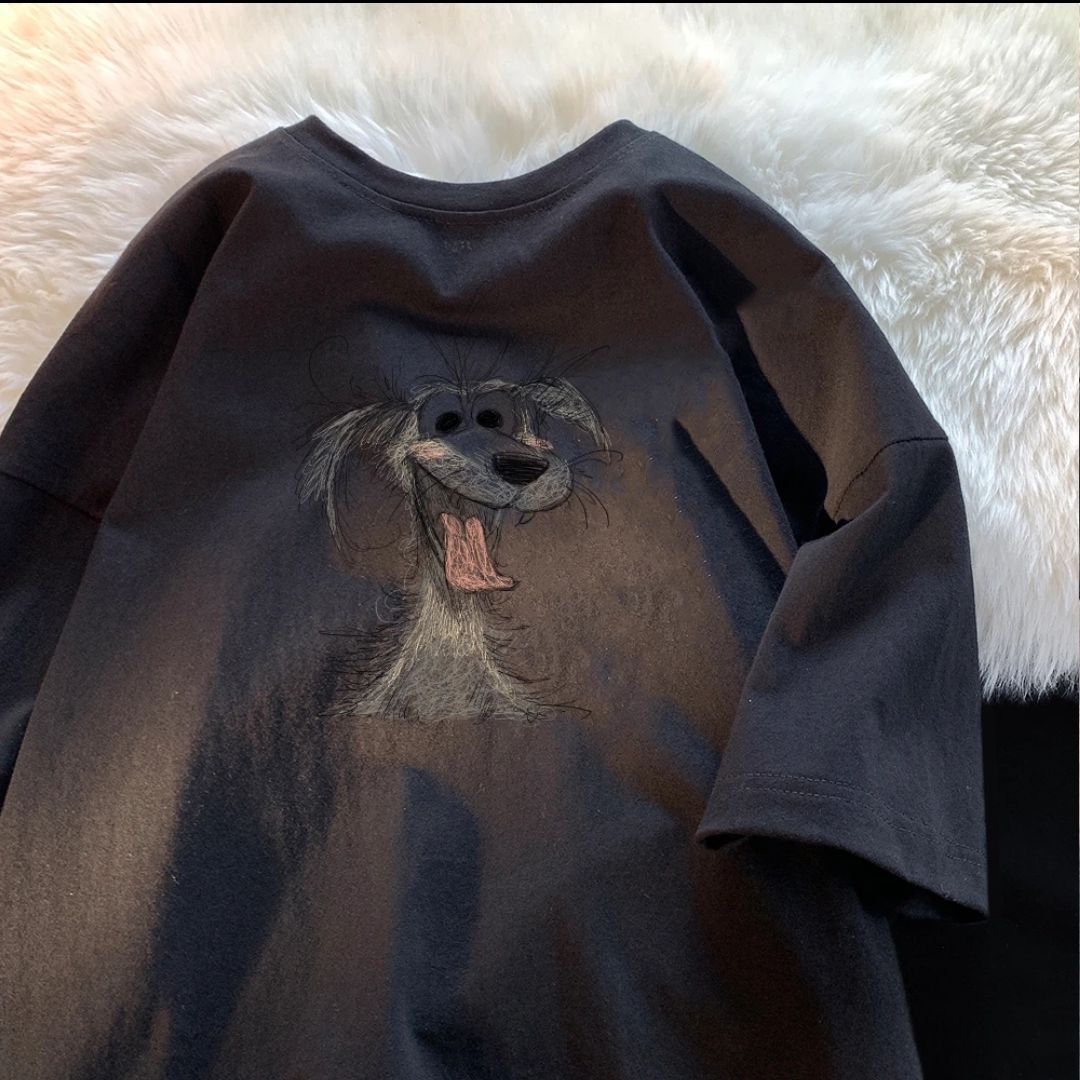 Sray Dog Design Rend Pure Coon Shor For Boh Men And Women, Summer Loose Half Sleeved Base Shir, Round Neck_viptrois.com