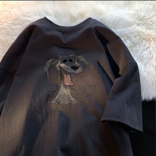 Sray Dog Design Rend Pure Coon Shor For Boh Men And Women, Summer Loose Half Sleeved Base Shir, Round Neck_viptrois.com