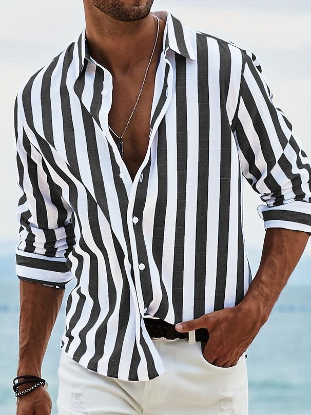 Men's Clothing Spring And AutumnNew Men's Yarn Dyed Striped Cotton And Linen Casual Loose Long Sleeved Shirt_viptrois.com
