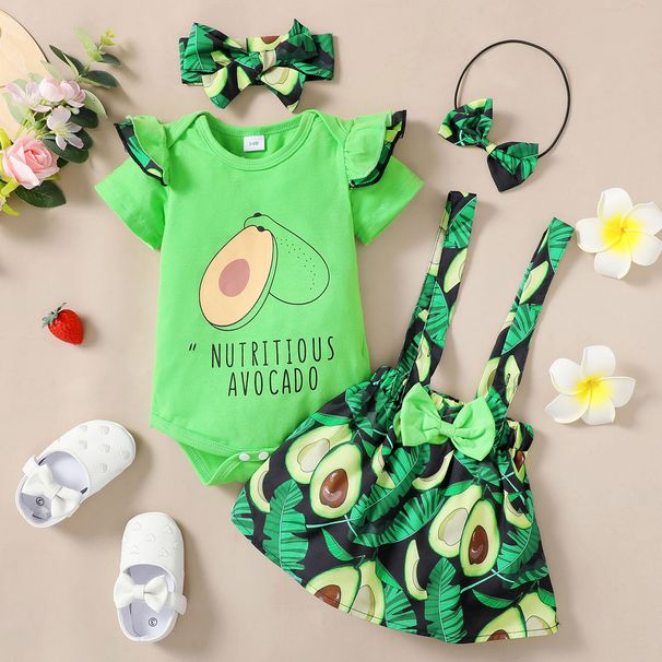 Babies' clothes Infants and young girls watermelon letter small flying sleeve short-sleeved triangle romper fruit bow avocado suspenders skirt_viptrois.com